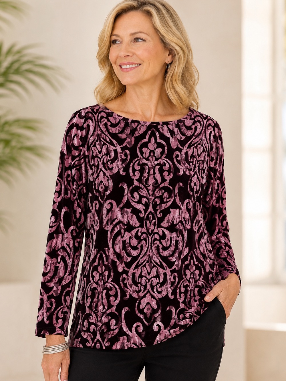 Bob Mackie Wearable Art Pink Burgundy Velvet Baroque Top M